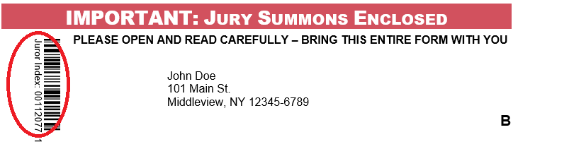 Image of jury summons section with Juror Index Number circled
